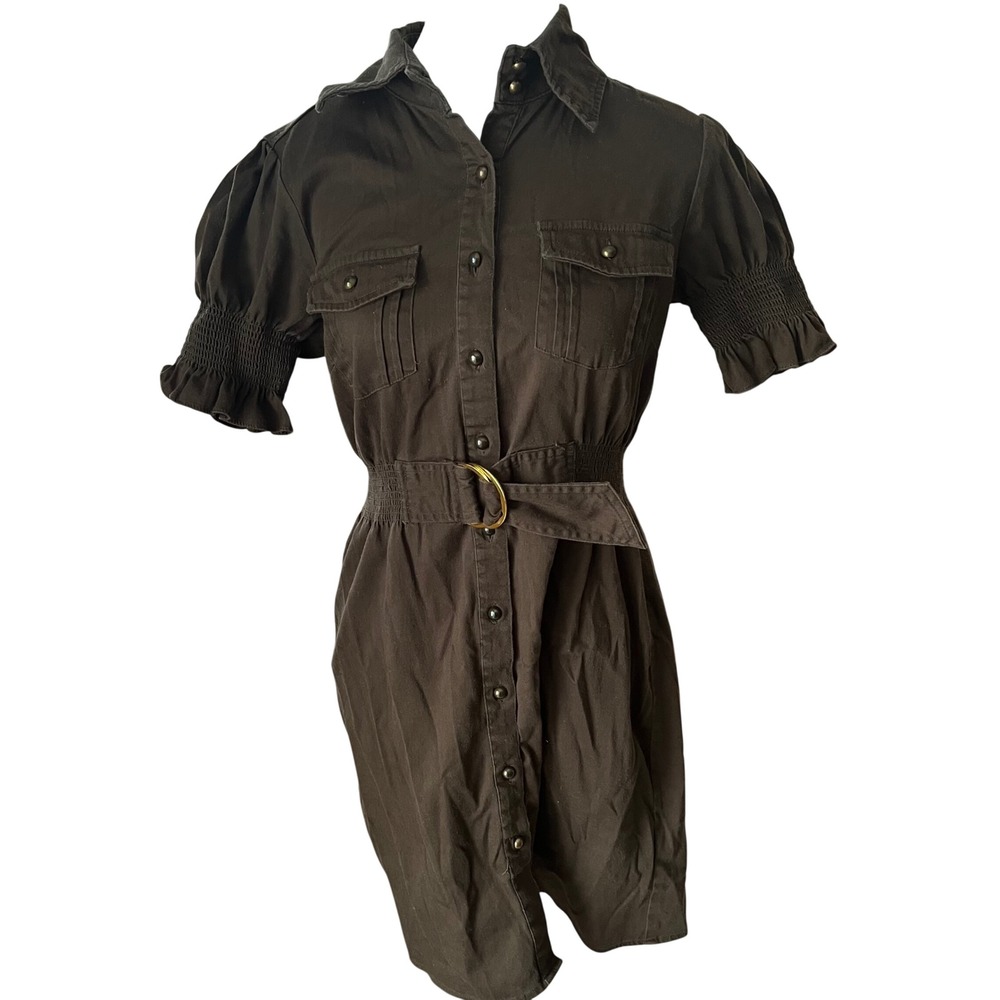Rampage Women Olive Brown Utility Button Front Mini Dress Belted Puff‎ Sleeve L